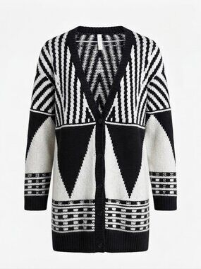 COTTON Indigenous Long Knit Cardigan Black White Geometric V-Neck Open Sweater